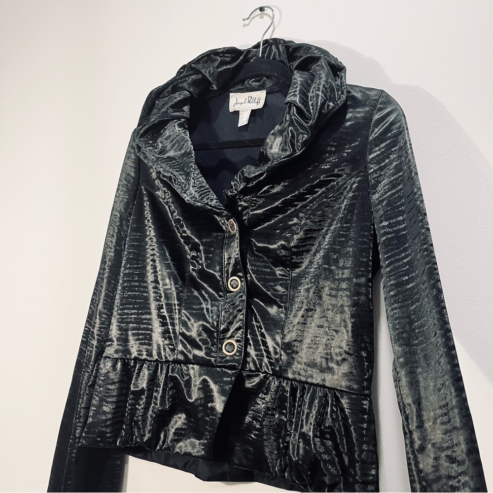 Joseph Ribkoff Vintage Black Snap Front Peplum Moto Metallic Jacket Blazer sz 6 - Picture 5 of 15
